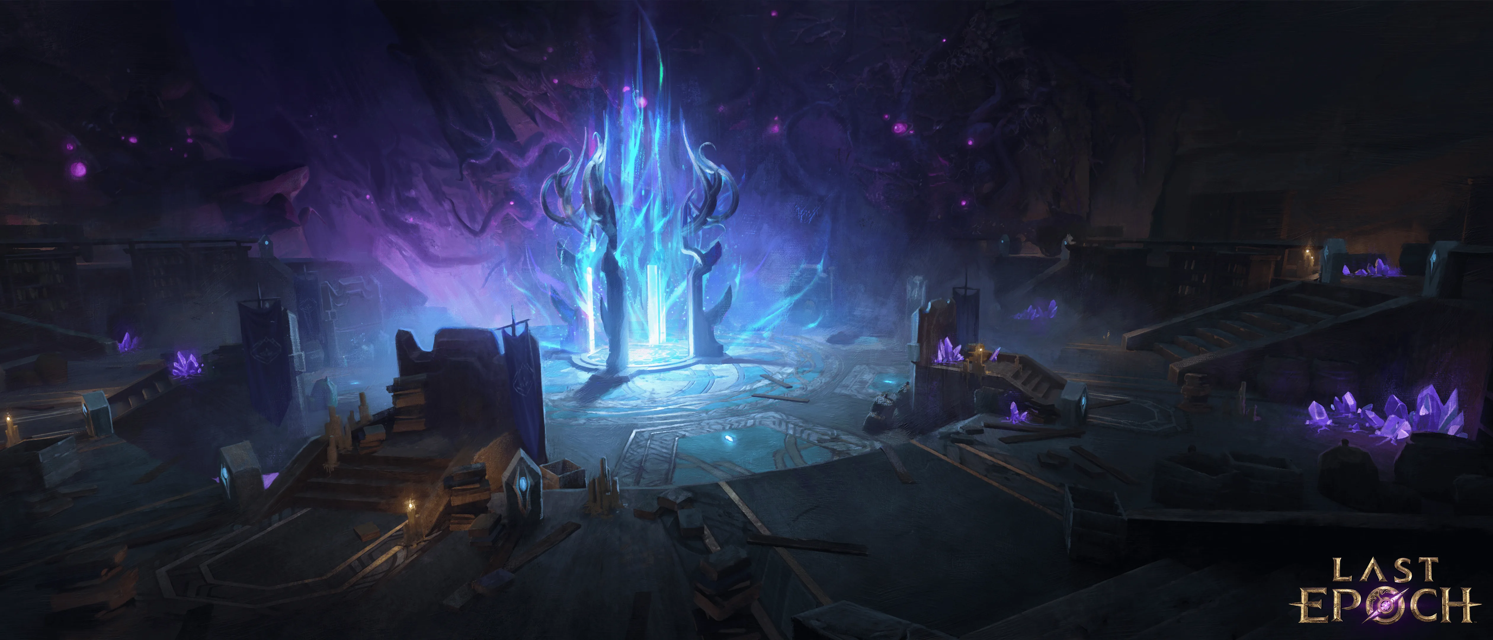 Official Last Epoch environment art with a glowing blue monolith