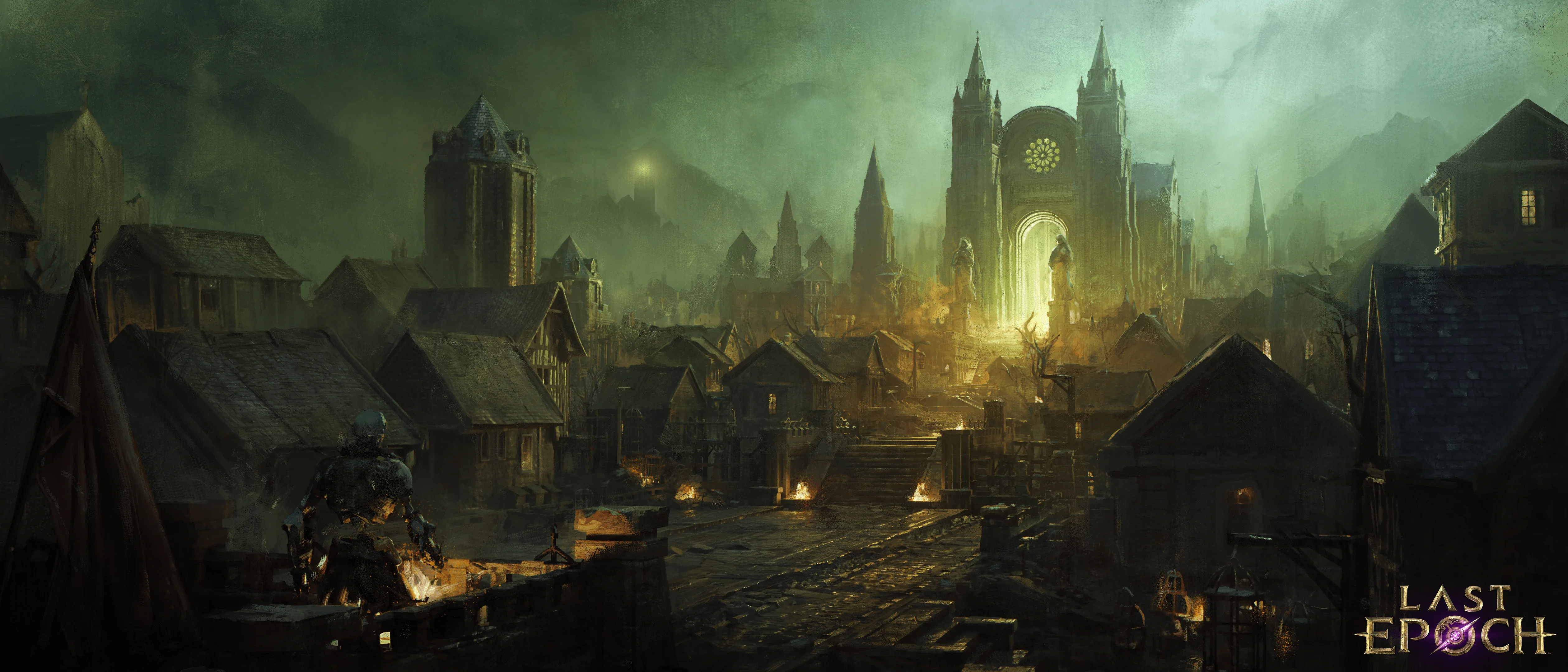 Official Last Epoch environment art with golden light over a city