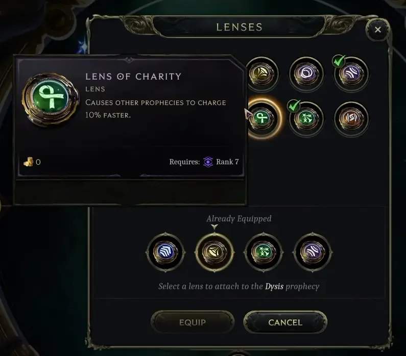 Lens menu showing Lens of Charity and other available lenses
