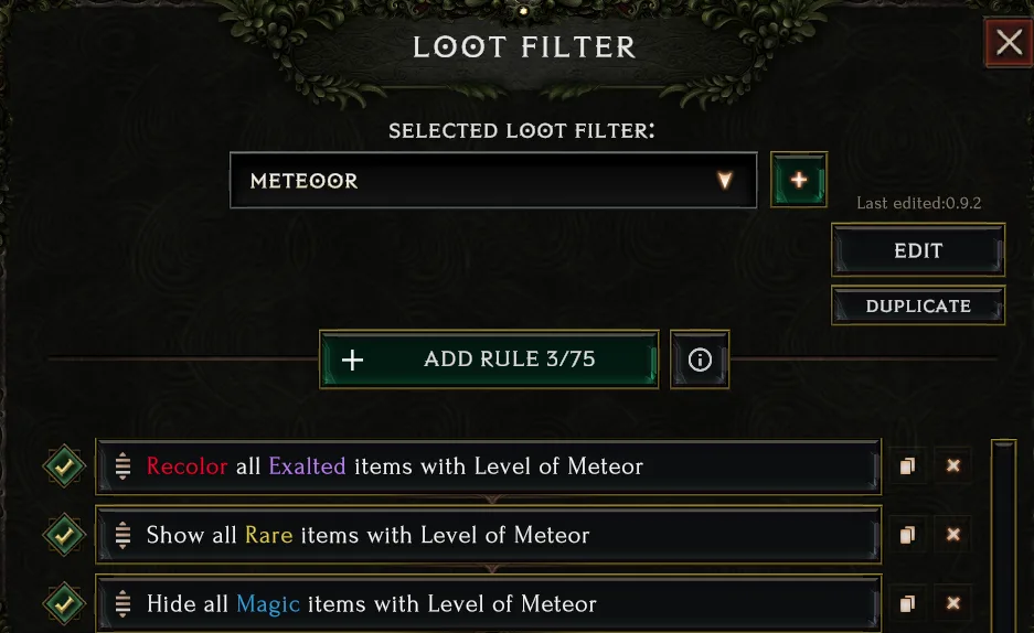 Loot Filter interface with its ordered rule list