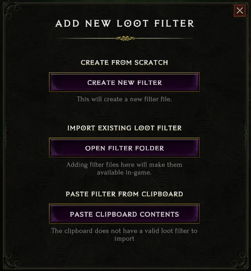 Create New Filter menu with the Paste Clipboard Contents option