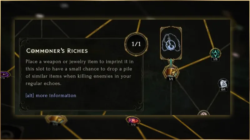 Commoner's Riches tooltip beside an empty item imprint slot