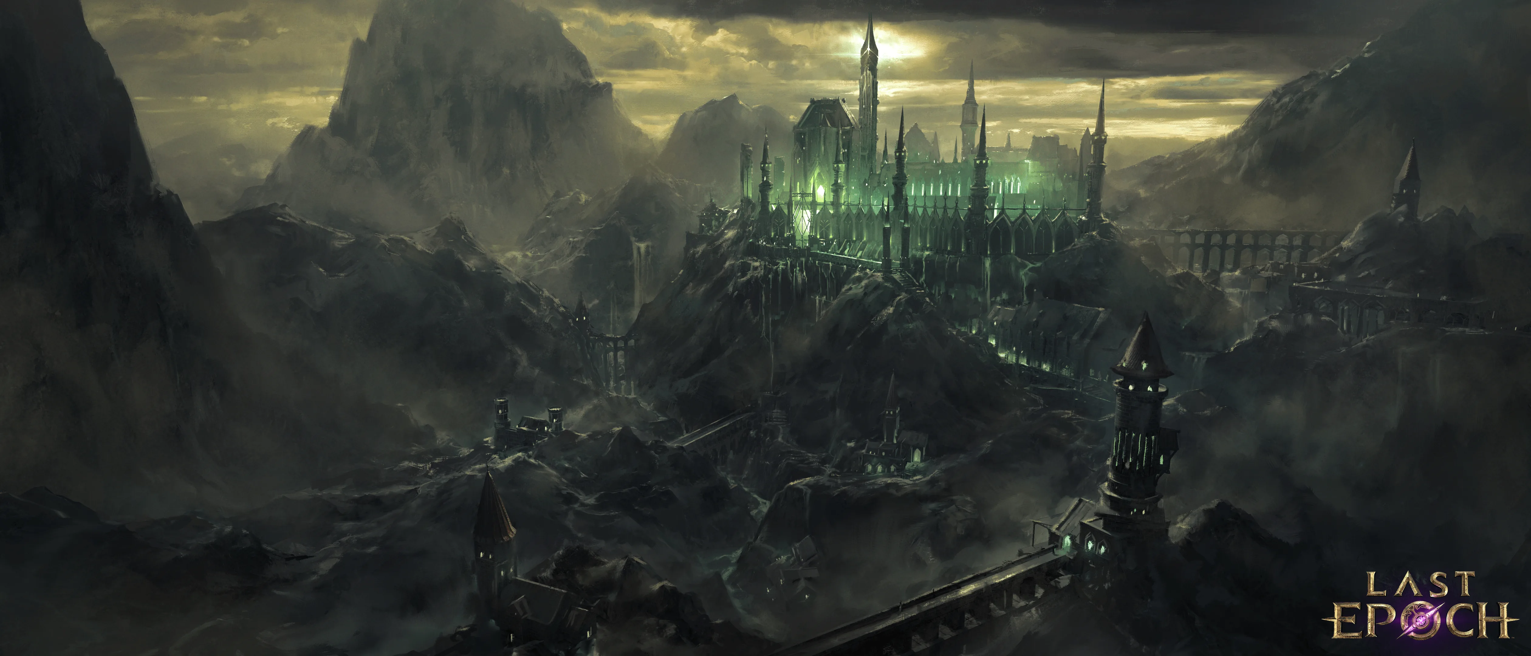 Official Last Epoch environment art with a distant city and ruined landscape