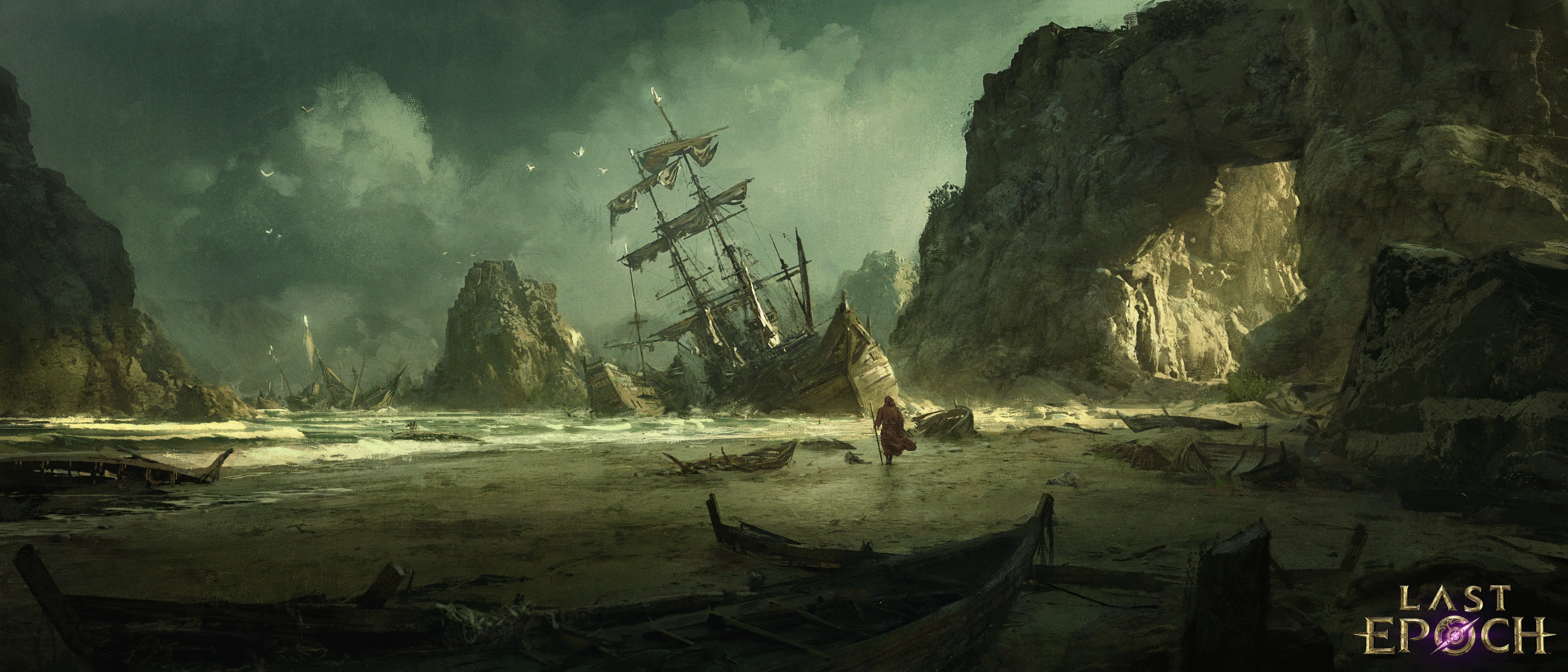 Official Last Epoch environment art showing a storm-darkened coast