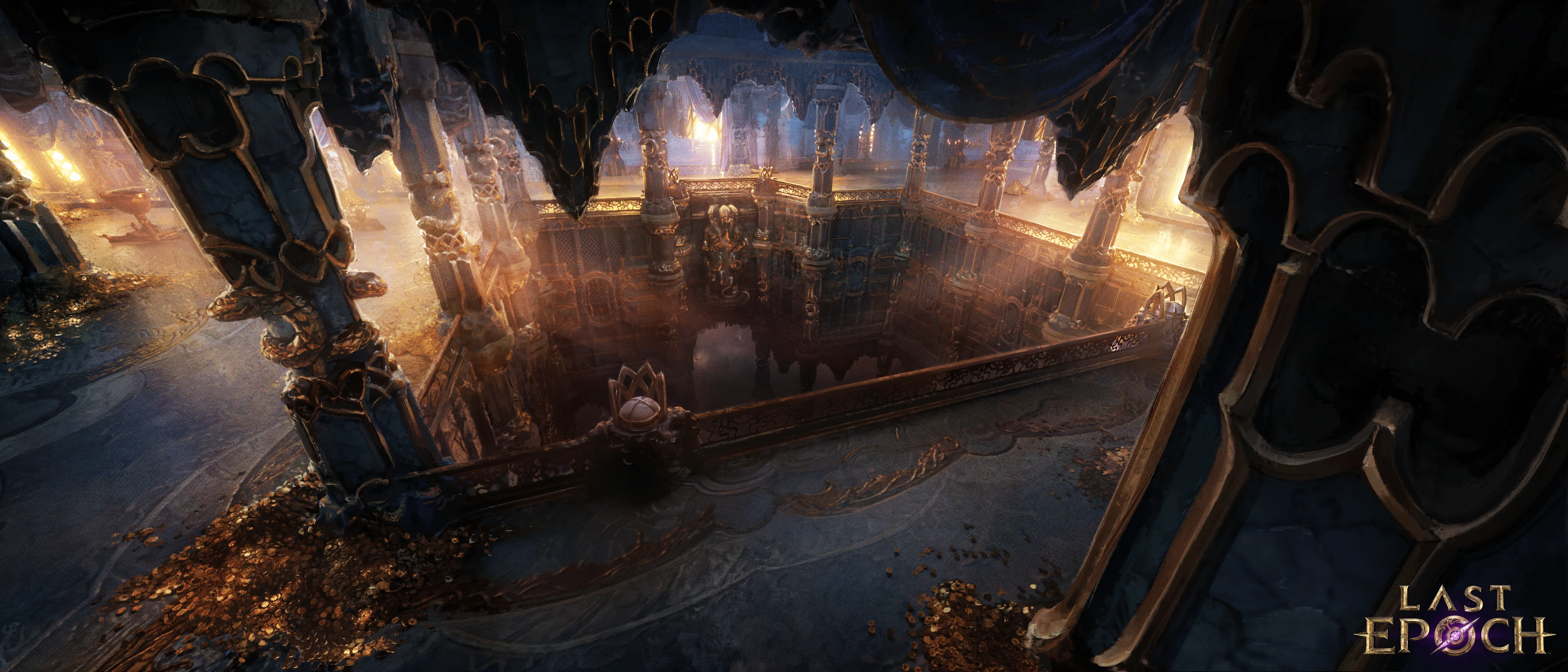 Official Last Epoch environment art with an illuminated temple chamber